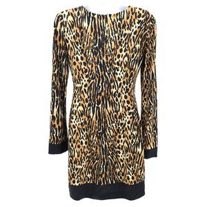 Cache Leopard Animal Print Silk Cocktail Long Sleeve Scoop Neck Above Knee Dress